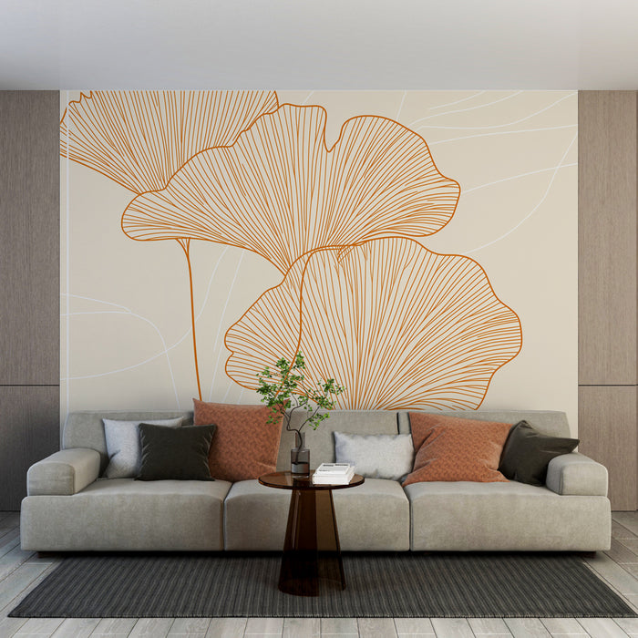 Papier peint ginkgo | Motif de feuilles de ginkgo délicates en contour orange