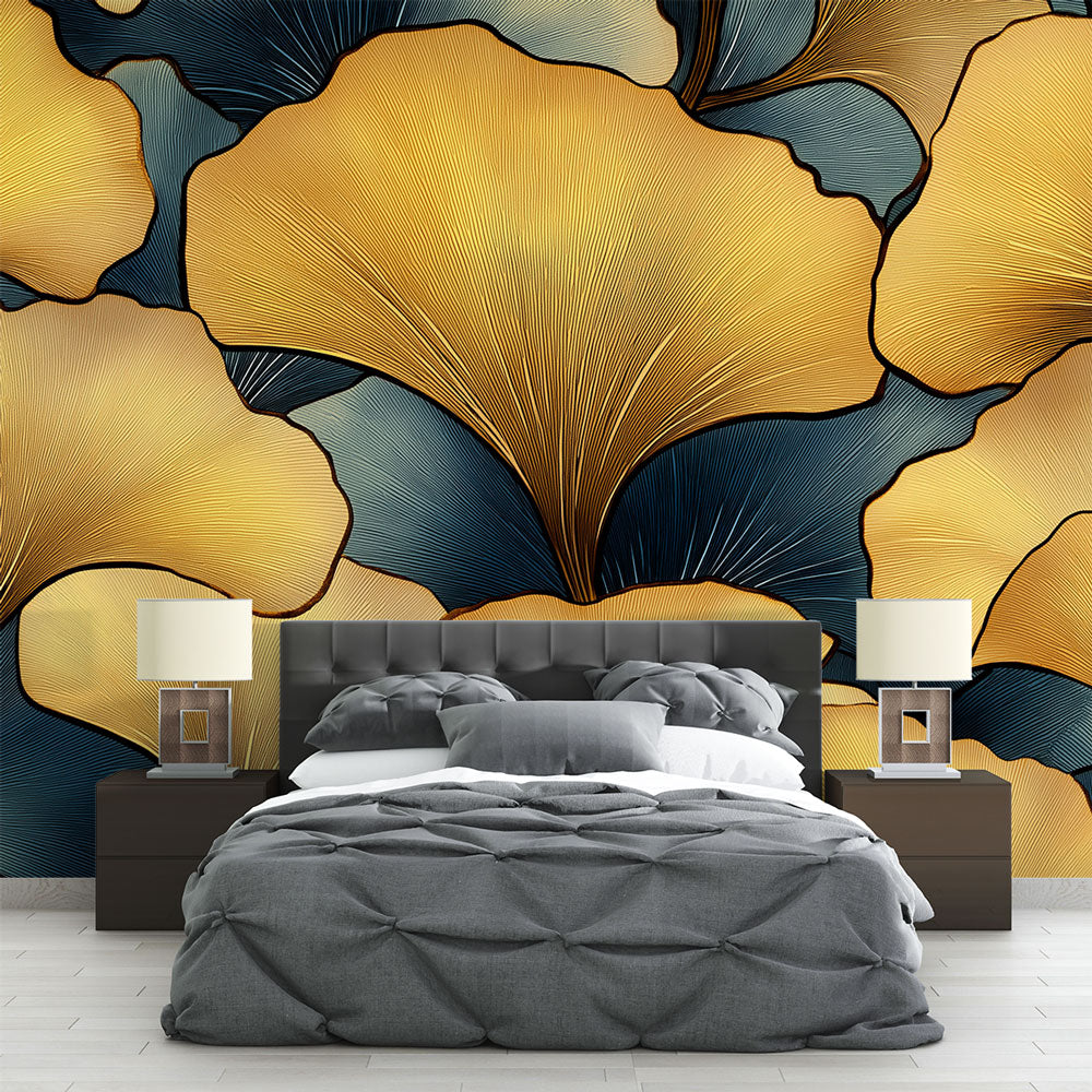 Papier peint ginkgo | Motif doré de feuilles de ginkgo sur fond bleu ...