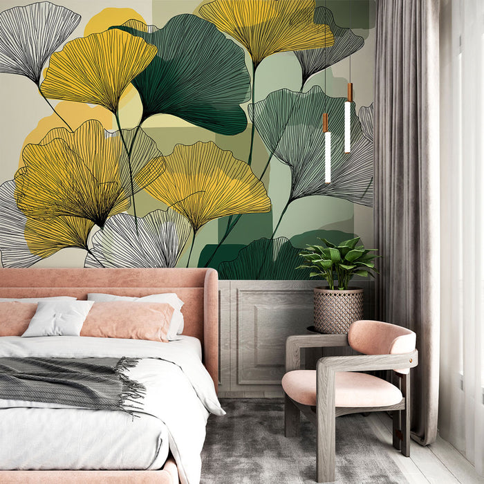Une chambre moderne avec un papier peint floral représentant de grandes feuilles de ginkgo en jaune et vert, créant une atmosphère fraîche et apaisante.