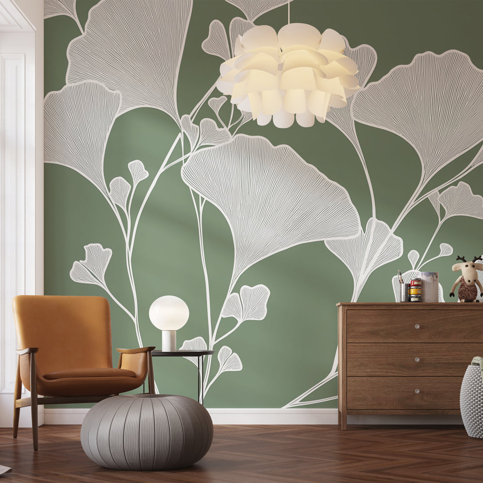 Papier peint ginkgo | Motifs délicats de feuilles de ginkgo sur fond v ...