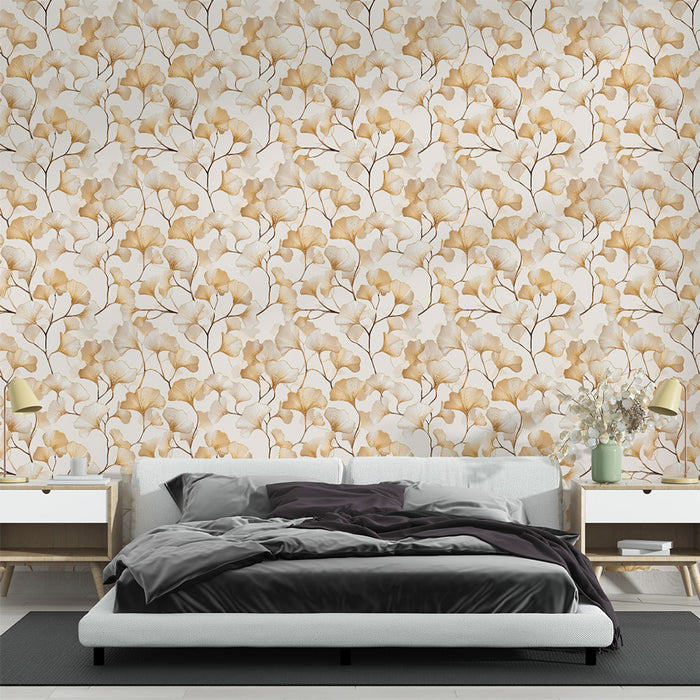 Une chambre moderne avec un papier peint floral aux teintes beige et doré, évoquant une ambiance chaleureuse et naturelle.