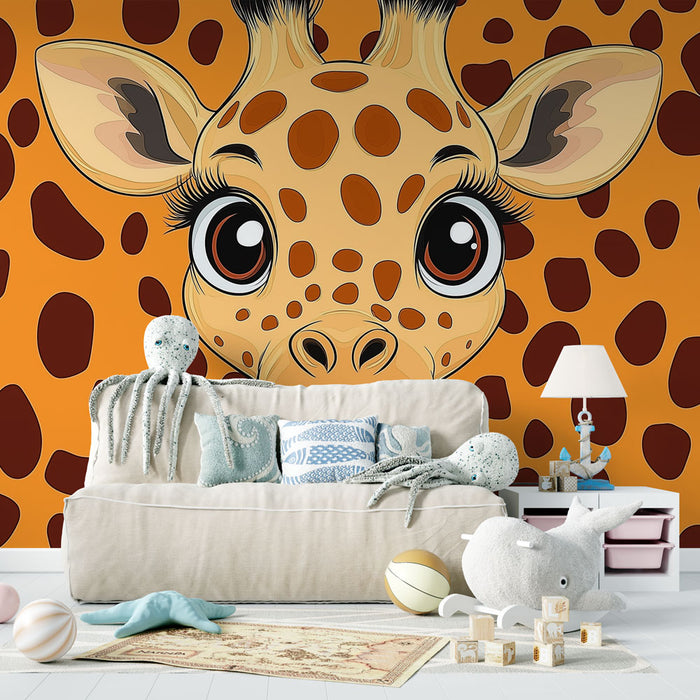 Papier peint girafe | Adorable girafe sur fond orange tacheté