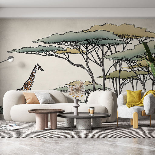 Un salon moderne avec un papier peint illustrant une girafe parmi des arbres stylisés aux teintes douces, créant une ambiance naturelle et apaisante.