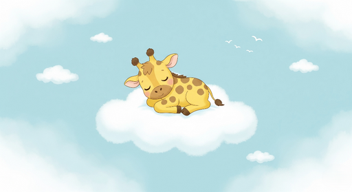 Papier peint girafe endormie Une adorable girafe sur un nuage dans un ciel bleu paisible