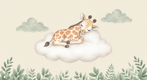 Papier peint girafe endormie Une girafe adorable reposant sur un nuage moelleux