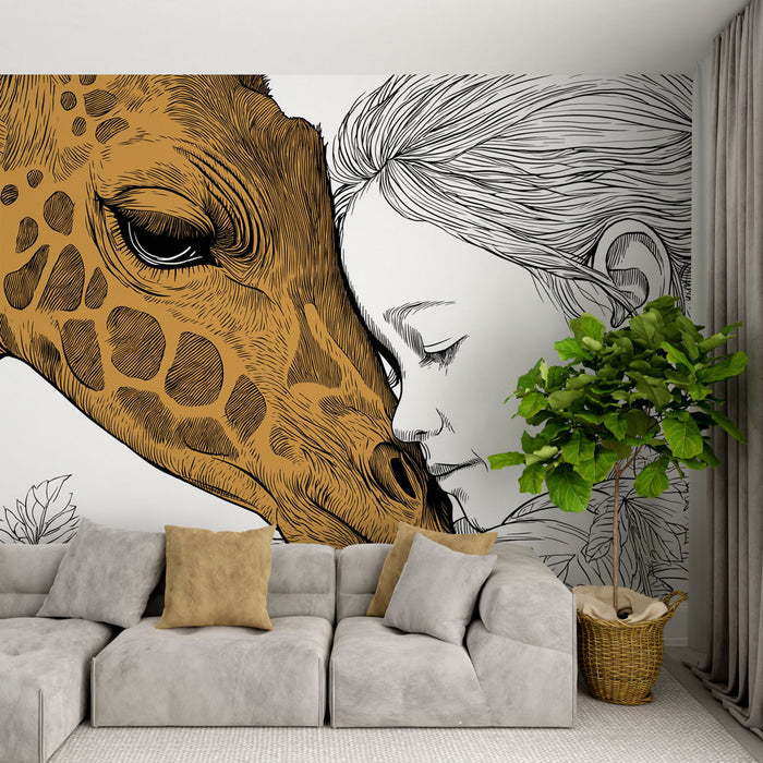Une pièce moderne avec un papier peint artistique représentant une girafe et une jeune fille en esquisse, créant une ambiance douce et poétique.