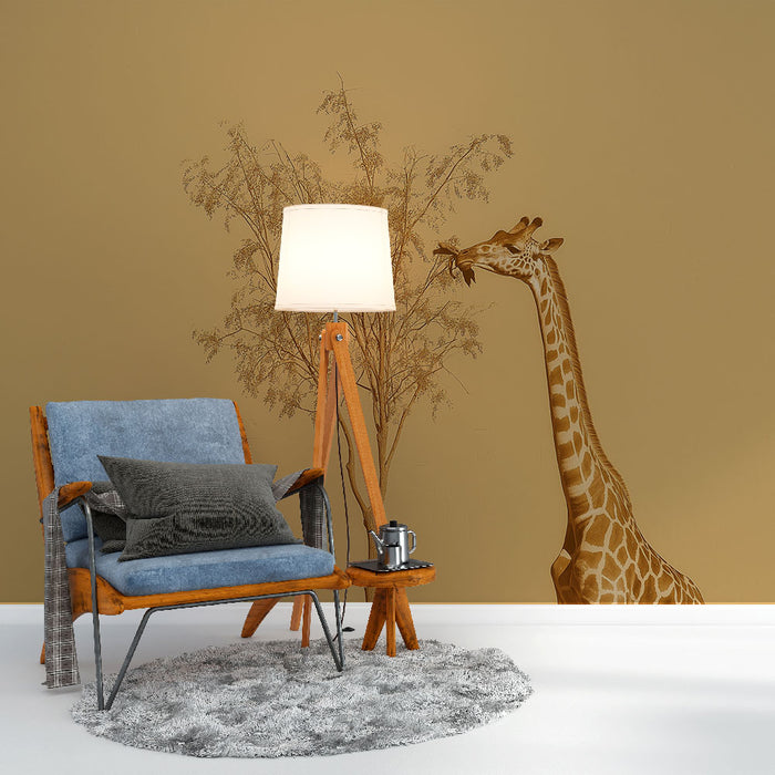 Papier peint girafe | Girafe élégante devant un arbre minimaliste