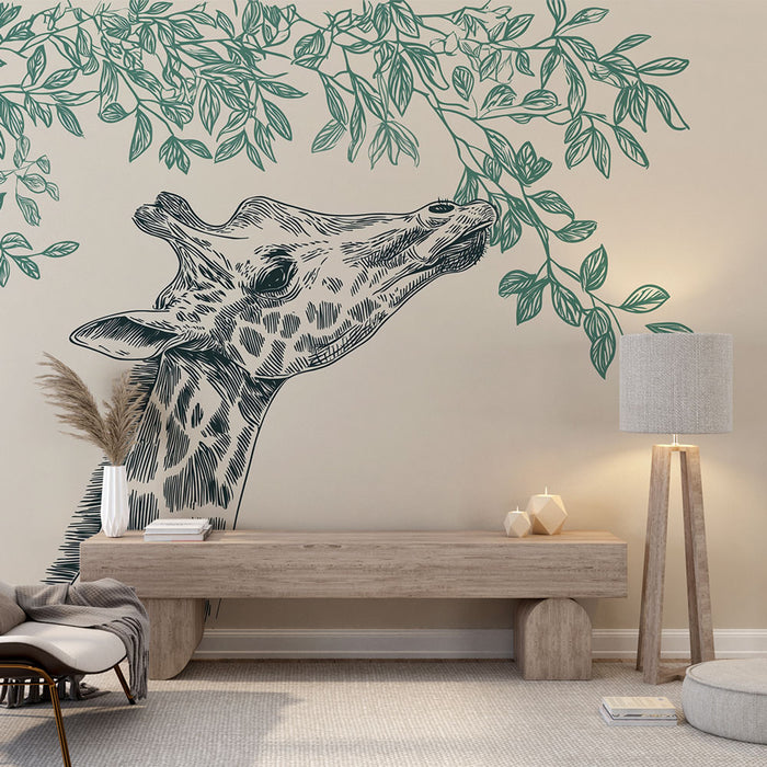 Une chambre moderne avec un papier peint illustrant une girafe stylisée entourée de feuillages verts, créant une ambiance naturelle et artistique.