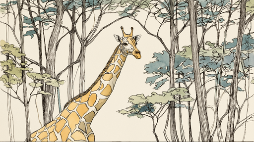 Papier peint girafe Girafe stylisée entourée d'arbres aux teintes pastel