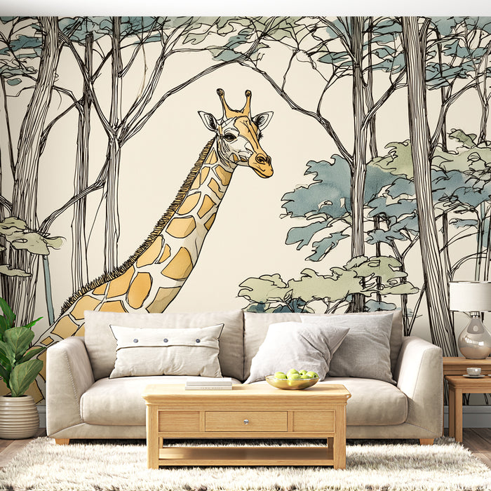Un salon lumineux avec un papier peint illustrant une girafe stylisée parmi des arbres, créant une ambiance naturelle et artistique.