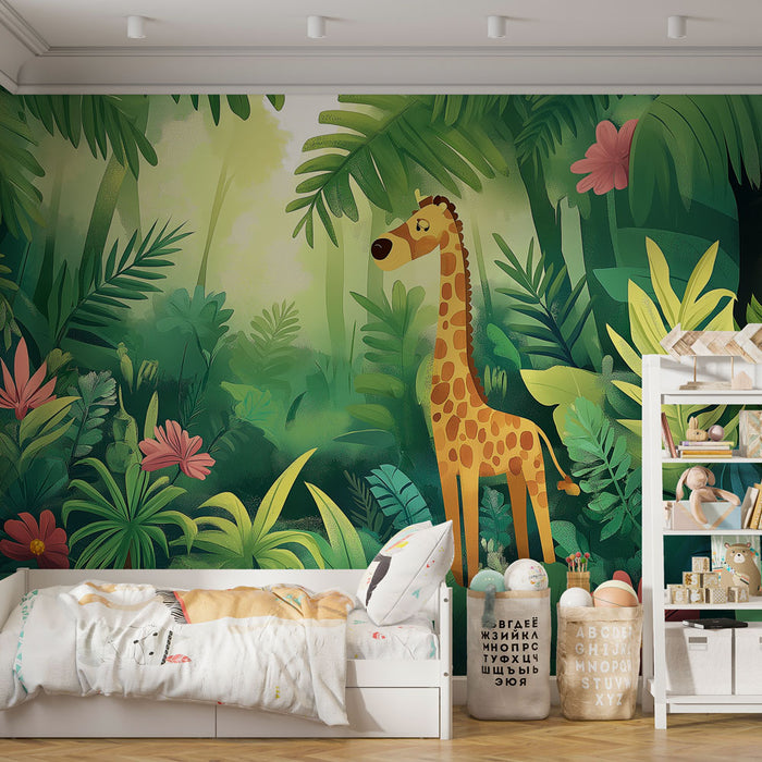 Papier peint girafe | Illustration colorée d'une girafe dans une jungle tropicale