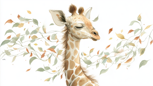 Papier peint girafe Illustrations douces d'une girafe entourée de feuilles colorées