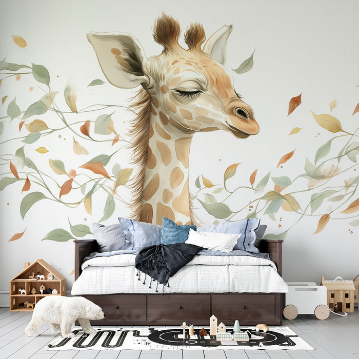 Une chambre enfantine avec un papier peint illustrant une girafe douce entourée de feuilles pastel, créant une atmosphère ludique et apaisante.
