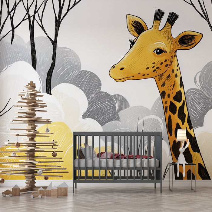 Une chambre d'enfant avec un papier peint illustrant une grande girafe jaune entourée de nuages gris et jaunes, créant une atmosphère ludique et chaleureuse.