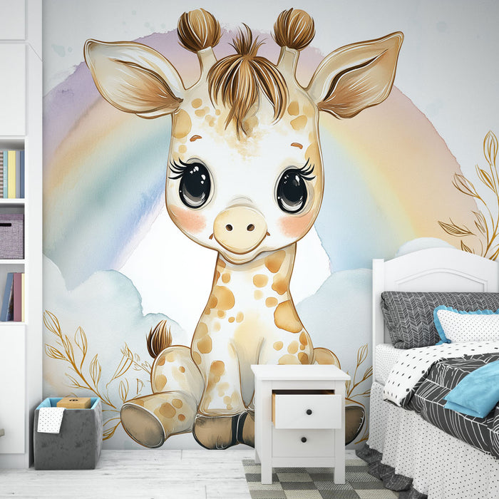Une chambre d'enfant avec un papier peint illustrant une adorable girafe aux grands yeux, entourée d'un arc-en-ciel et de nuages doux, créant une atmosphère joyeuse et ludique.