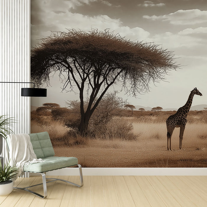 Papier peint girafe | Paysage africain en sepia