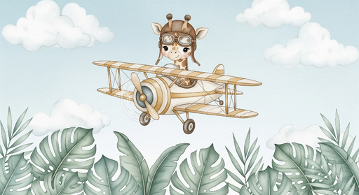 Papier peint girafe pilote Une adorable girafe dans un avion sur fond de nuages et de feuillage tropical