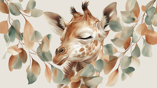 Papier peint girafe Portrait artistique d'une girafe délicatement entourée de feuillage
