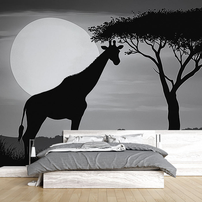 Papier peint girafe | Silhouette élégante au clair de lune