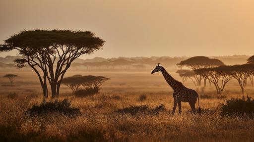 Papier peint girafe Silhouette majestueuse d'une girafe au coucher du soleil dans la savane