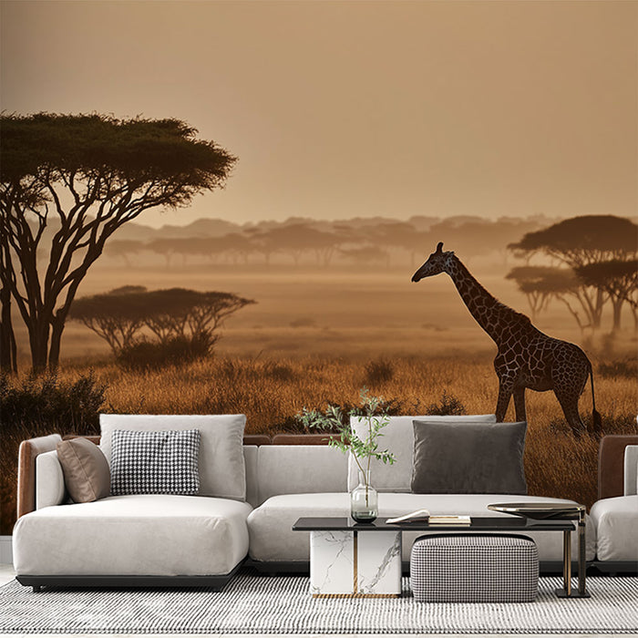 Papier peint girafe | Silhouette majestueuse d'une girafe au coucher du soleil dans la savane