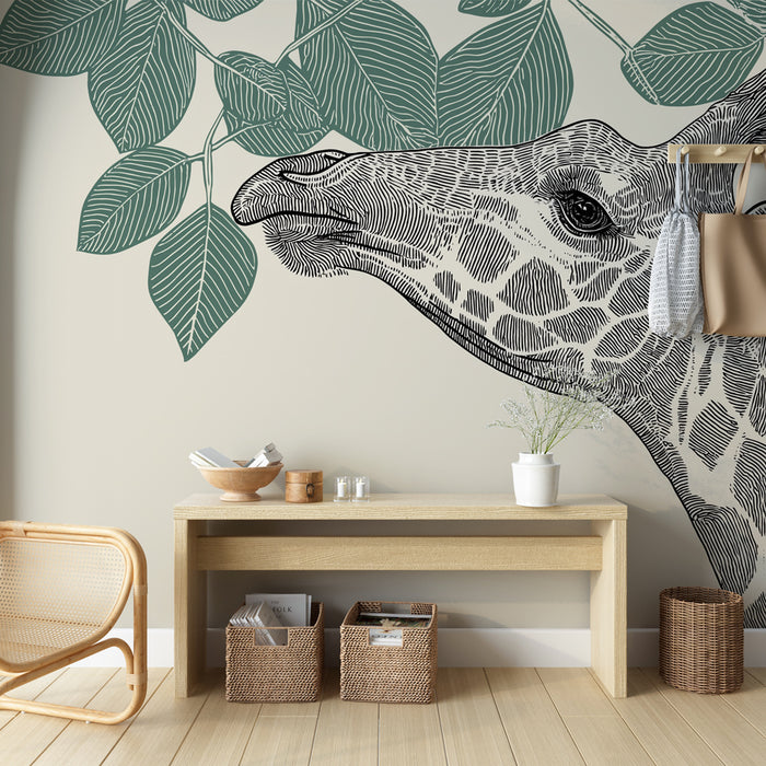 Une entrée moderne avec un papier peint illustrant la tête d'une girafe entourée de feuilles stylisées, créant une ambiance naturelle et artistique.