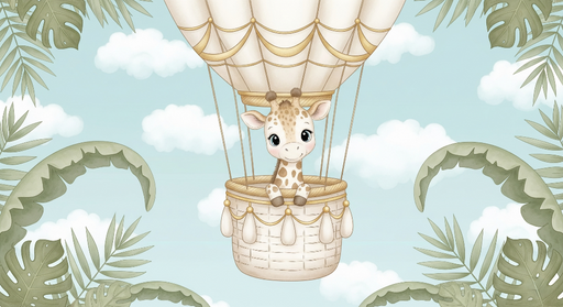 Papier peint girafe Une adorable girafe dans un montgolfière parmi des nuages