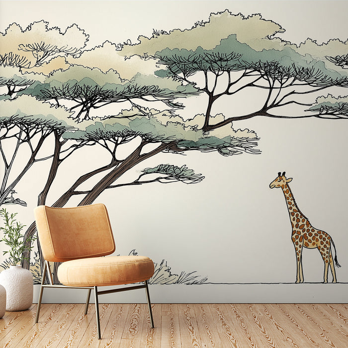 Une pièce moderne avec un papier peint illustratif représentant des arbres stylisés et une girafe, créant une ambiance ludique et naturelle.