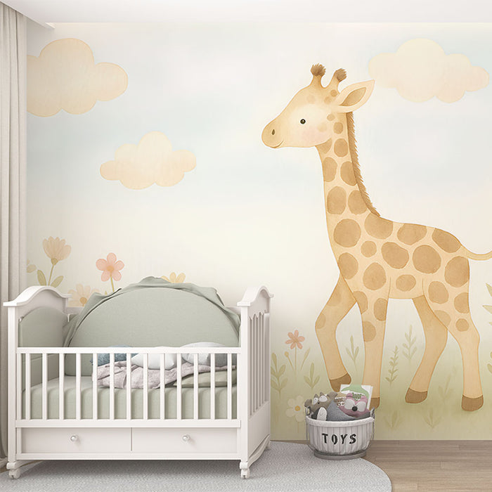 Une chambre d'enfant avec un papier peint illustrant une girafe douce et des nuages sur un fond pastel, créant une ambiance joyeuse et apaisante.