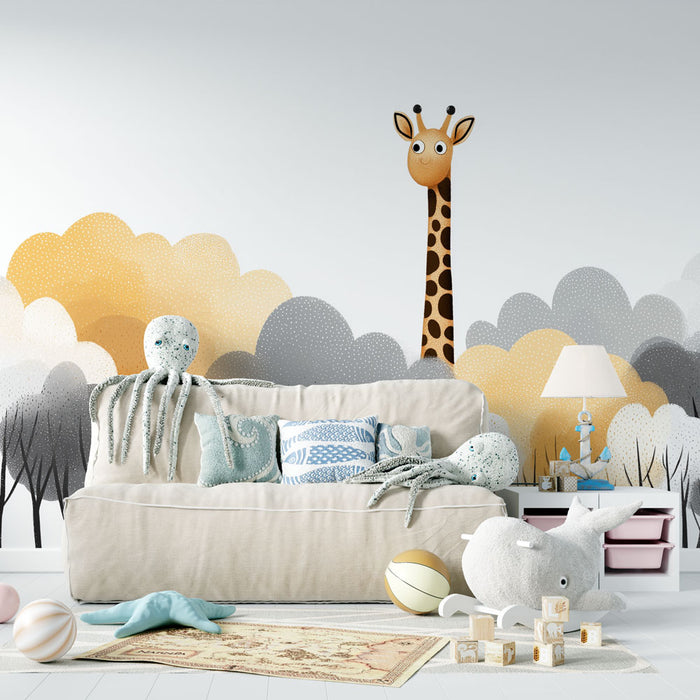 Une chambre d'enfant avec un papier peint ludique représentant une girafe souriante émergeant de nuages colorés, créant une atmosphère joyeuse et imaginative.