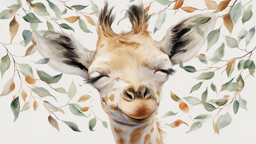 Papier peint girafe Une girafe souriante entourée de feuillage délicat