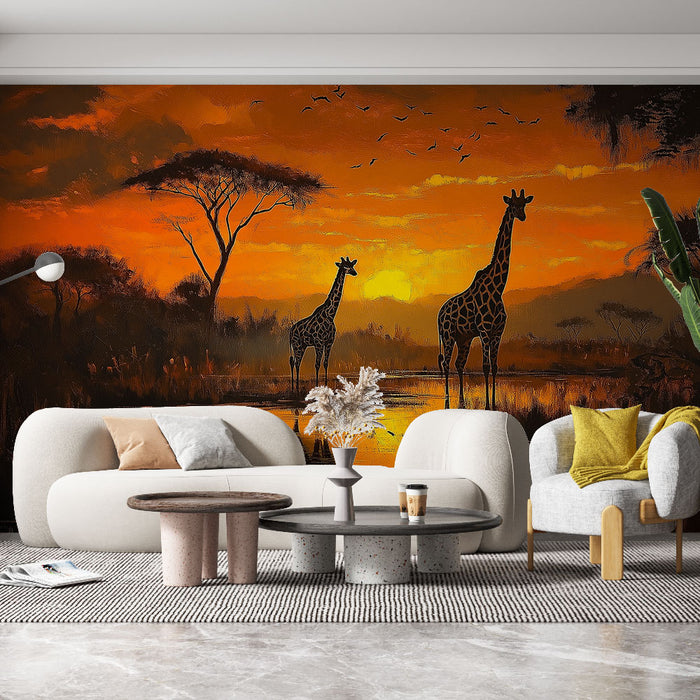 Papier peint girafes | Coucher de soleil africain en silhouette