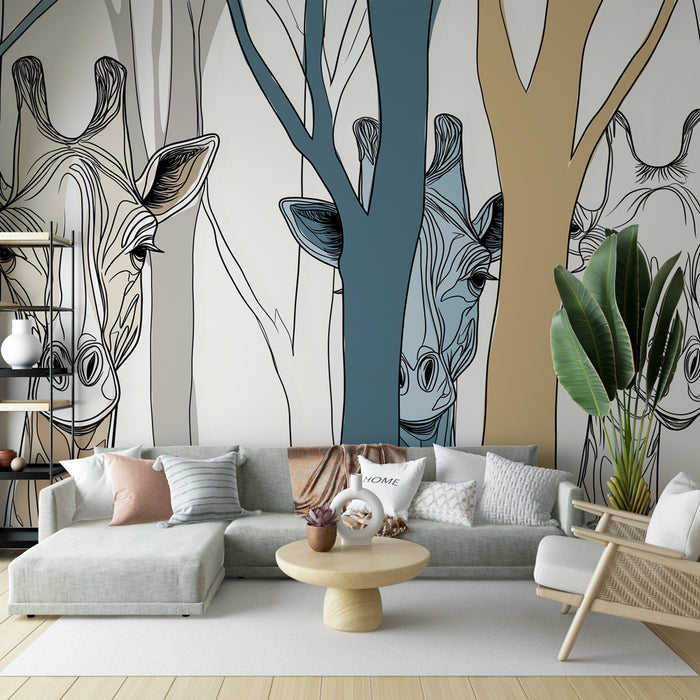 Un salon contemporain avec un papier peint illustrant des girafes stylisées entre des arbres aux teintes douces, créant une ambiance ludique et apaisante.