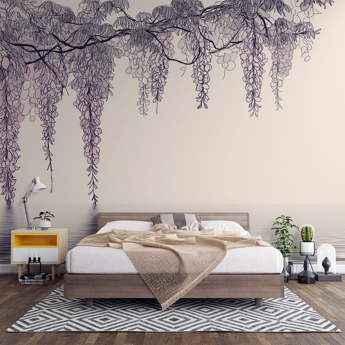 Une chambre moderne avec un papier peint représentant des grappes de fleurs délicates en dégradé de rose sur un fond beige, créant une atmosphère douce et apaisante.