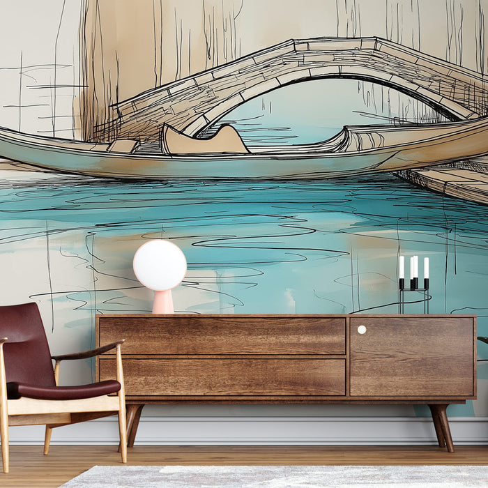 Une pièce moderne avec un papier peint artistique représentant un canal stylisé aux teintes turquoise et beige, évoquant une ambiance sereine et inspirante.