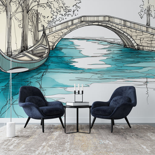 Une pièce moderne avec un papier peint illustrant un paysage aquatique stylisé, mêlant des teintes turquoise et des lignes graphiques évoquant sérénité et élégance.