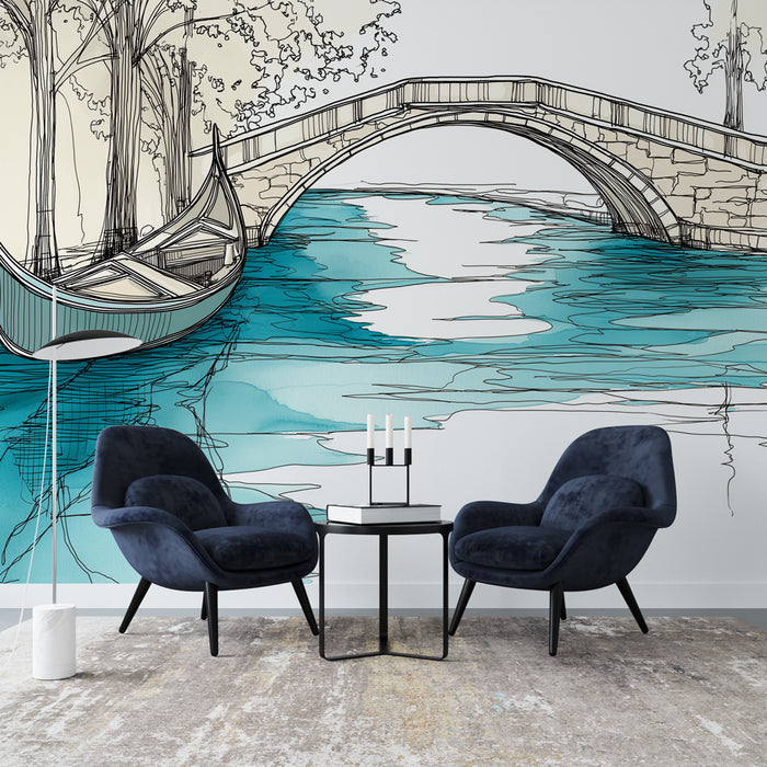 Une pièce moderne avec un papier peint illustrant un paysage aquatique stylisé, mêlant des teintes turquoise et des lignes graphiques évoquant sérénité et élégance.