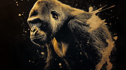 Papier peint design gorille avec détails dorés sur fond noir pour décoration murale moderne