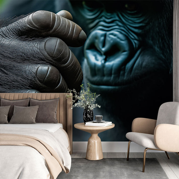 Une chambre moderne avec un papier peint représentant un gros plan de la main d'un gorille, créant une ambiance à la fois sauvage et intrigante.