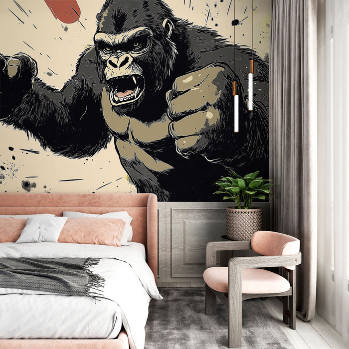Une chambre moderne avec un papier peint illustrant un gorille dynamique sur fond beige, créant une ambiance audacieuse et énergique.
