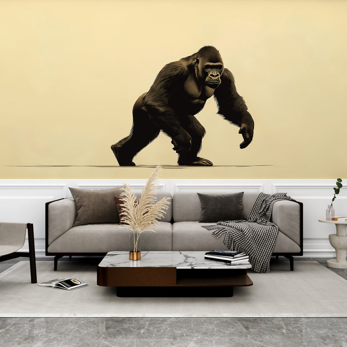Un salon moderne avec un papier peint illustrant un gorille noir sur fond beige, créant une ambiance audacieuse et artistique.