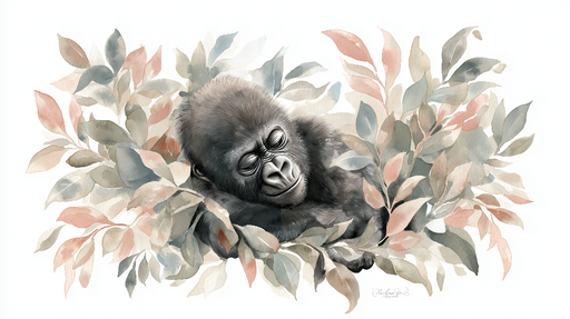 Papier peint gorille Illustrations d'un gorille paisible entouré de feuilles délicates