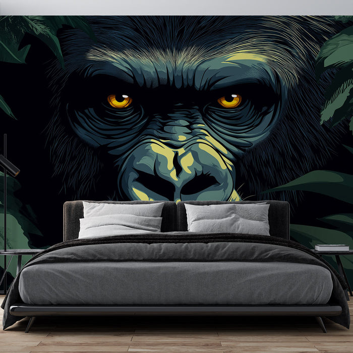 Une chambre moderne avec un papier peint représentant un gorille au regard perçant, entouré de feuillage, créant une ambiance sauvage et intrigante.