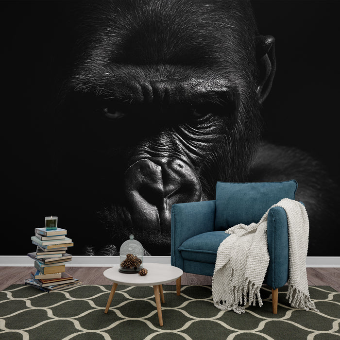 Une pièce moderne avec un papier peint représentant un gorille en noir et blanc, créant une ambiance audacieuse et captivante.