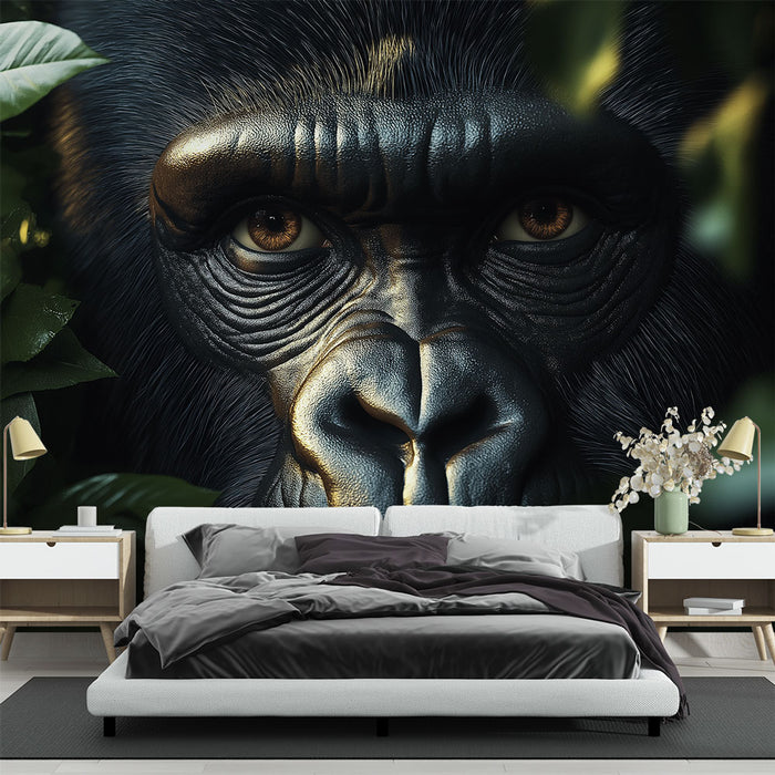 Une chambre moderne avec un papier peint représentant un gorille majestueux, évoquant une ambiance sauvage et captivante, entouré de feuillage luxuriant.