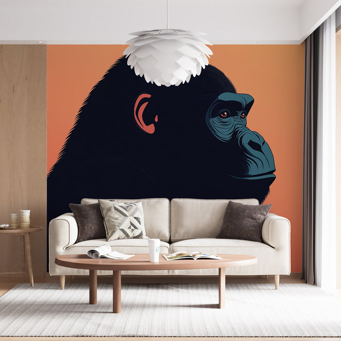 Un salon moderne avec un papier peint illustratif représentant un gorille sur fond dégradé orange, créant une ambiance audacieuse et artistique.