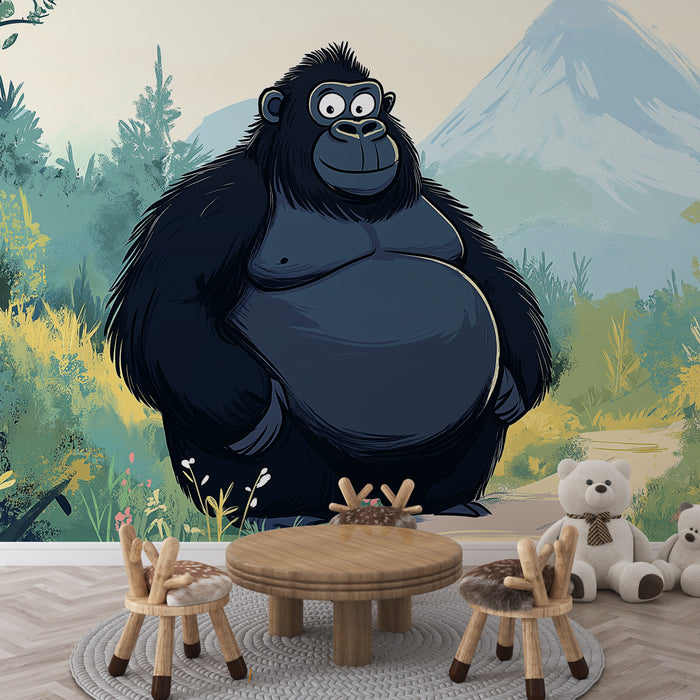 Une salle de jeux accueillante avec un papier peint illustrant un gorille souriant sur fond de nature verdoyante, créant une atmosphère ludique et joyeuse.