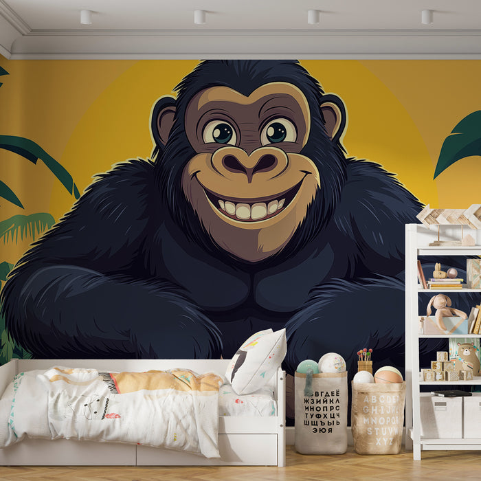 Papier peint gorille | Un gorille souriant au milieu de la jungle