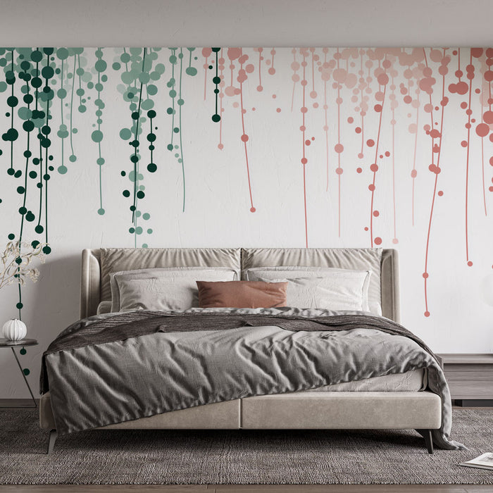 Une chambre moderne avec un papier peint artistique aux motifs de gouttes colorées vertes et roses, créant une ambiance dynamique et apaisante.