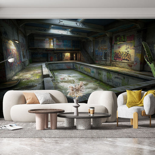 Une pièce moderne avec un papier peint représentant une piscine abandonnée, ornée de graffitis colorés, créant une atmosphère urbaine et mystérieuse.
